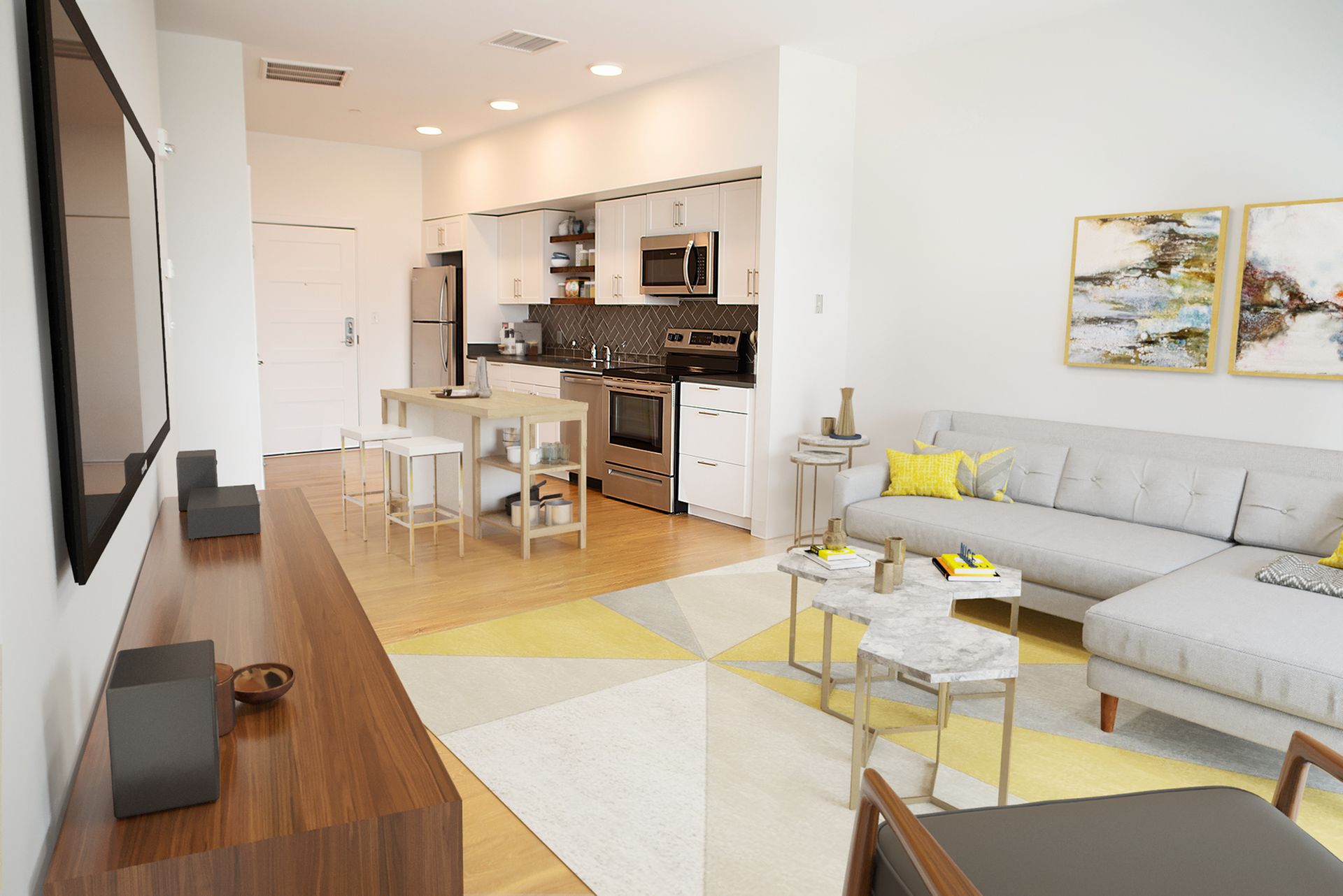 Living room and kitchen at The Veridian Residences.