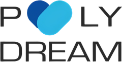 Il logo di poly dream mostra un cuore e le parole `` poly dream ''.