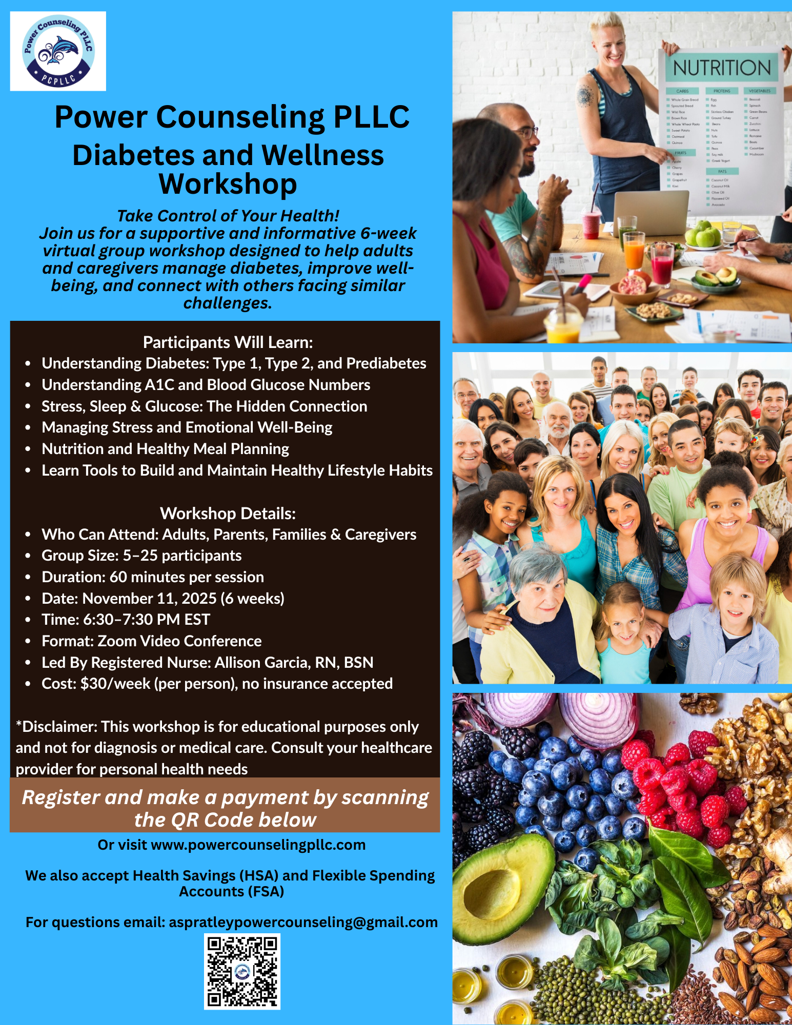 Diabetes & Wellness Workshop flyer with text and photos of people, food, and a nutrition chart.