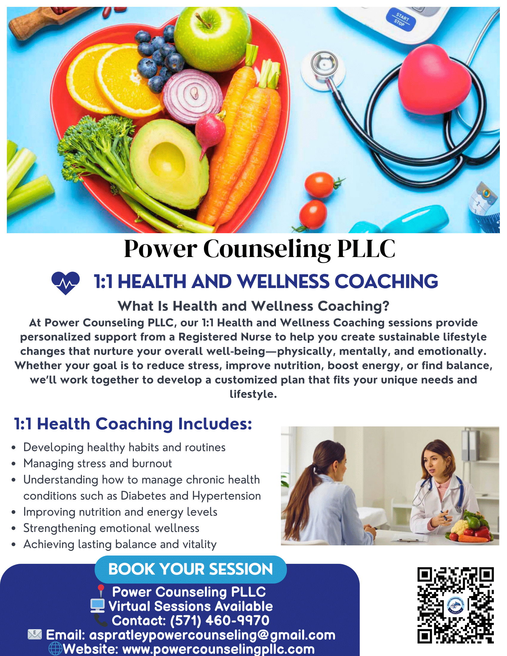 Flyer for health coaching: Heart-shaped arrangement of fruits/vegetables, stethoscope, person with coach, info/contact.