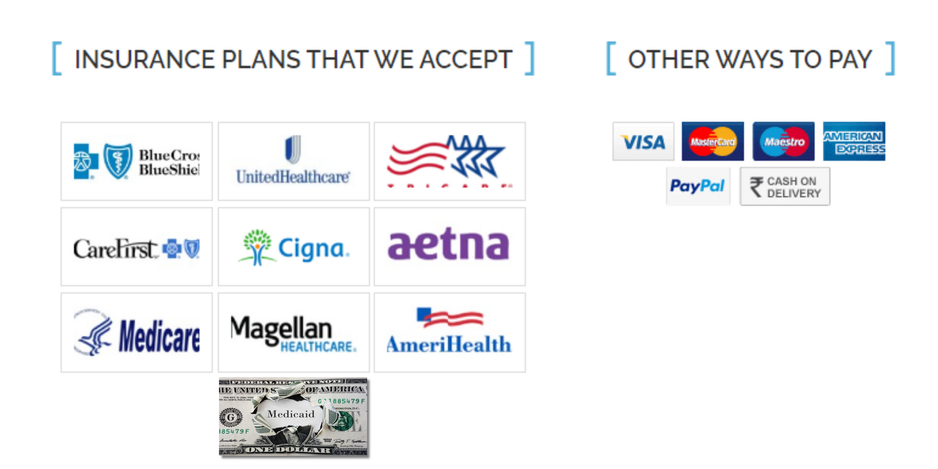 Accepted insurance plans and payment methods: logos for insurance providers and credit cards.