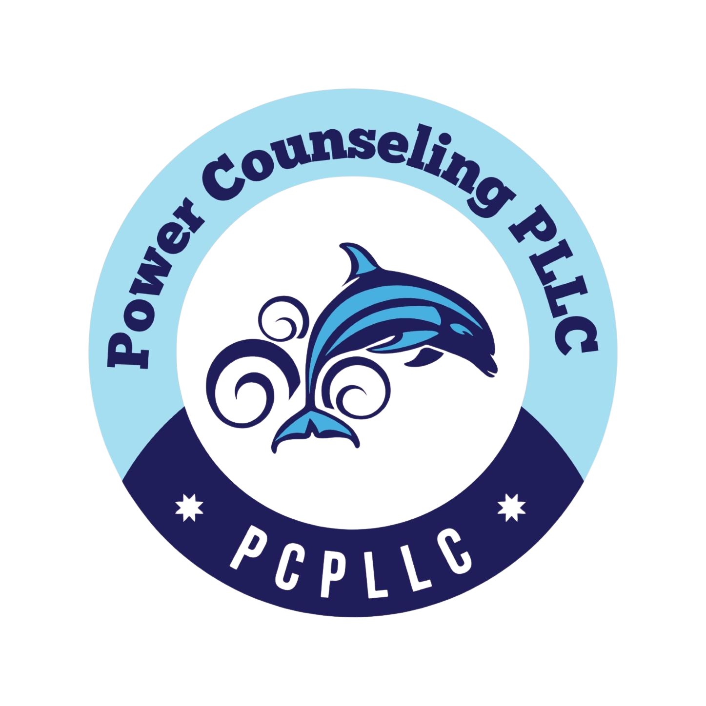 Logo for Power Counseling PLLC, dolphin leaping, surrounded by swirling waves, blue and white colors.