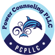 Logo for Power Counseling PLLC, featuring a dolphin leaping through waves in a blue and white circle.
