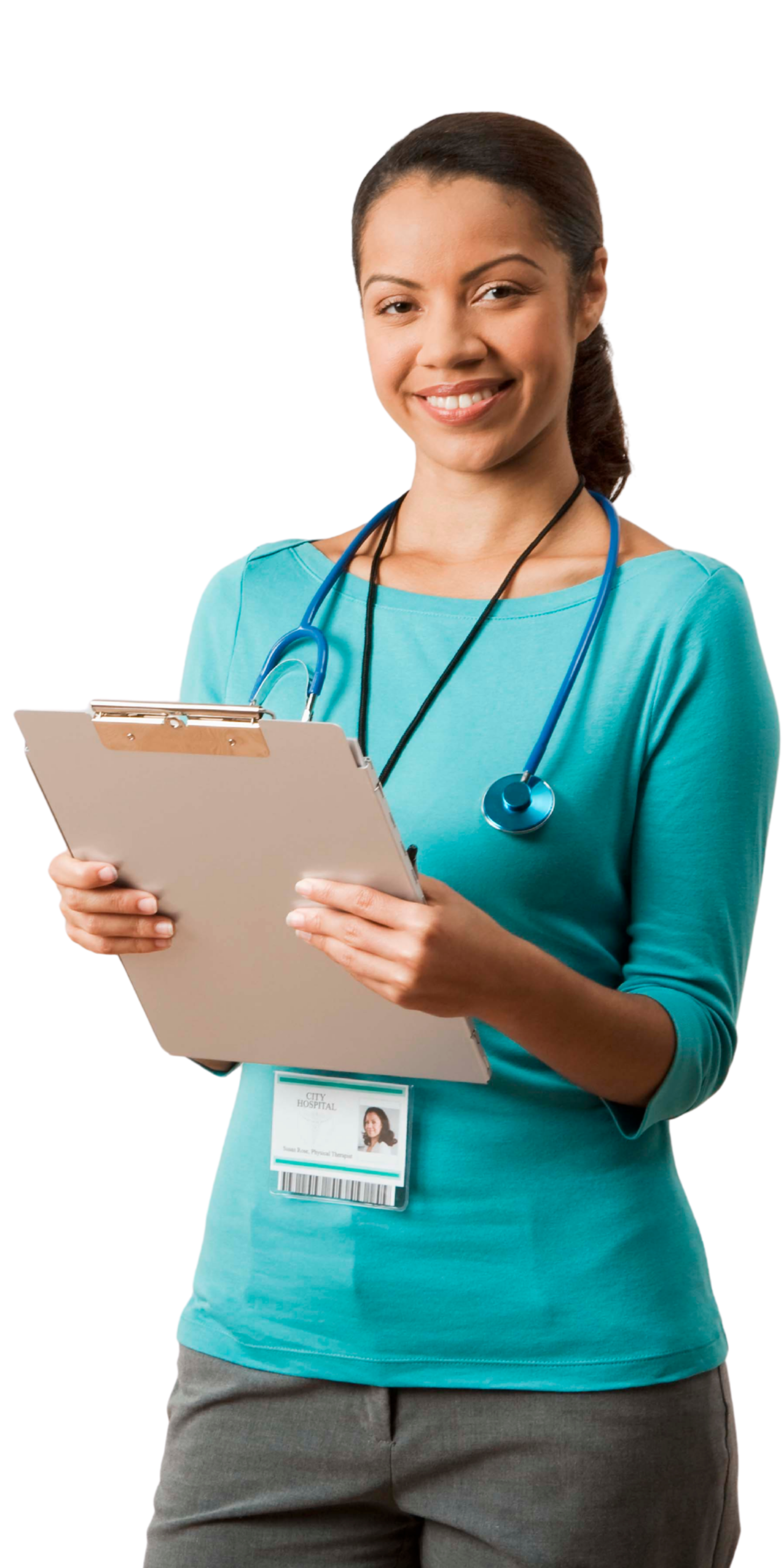 A smiling person wearing a stethoscope and holding a clipboard. They wear a blue top and grey pants.