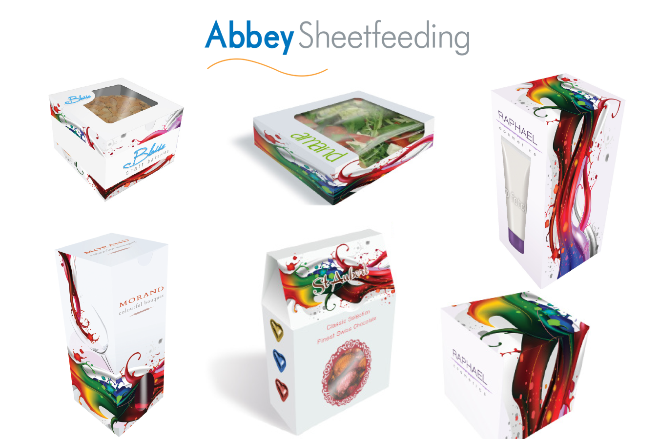 A bunch of boxes with the word abbey sheetfeeding on them