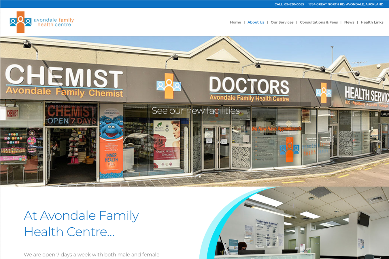 A picture of a chemist and doctors building on a website.