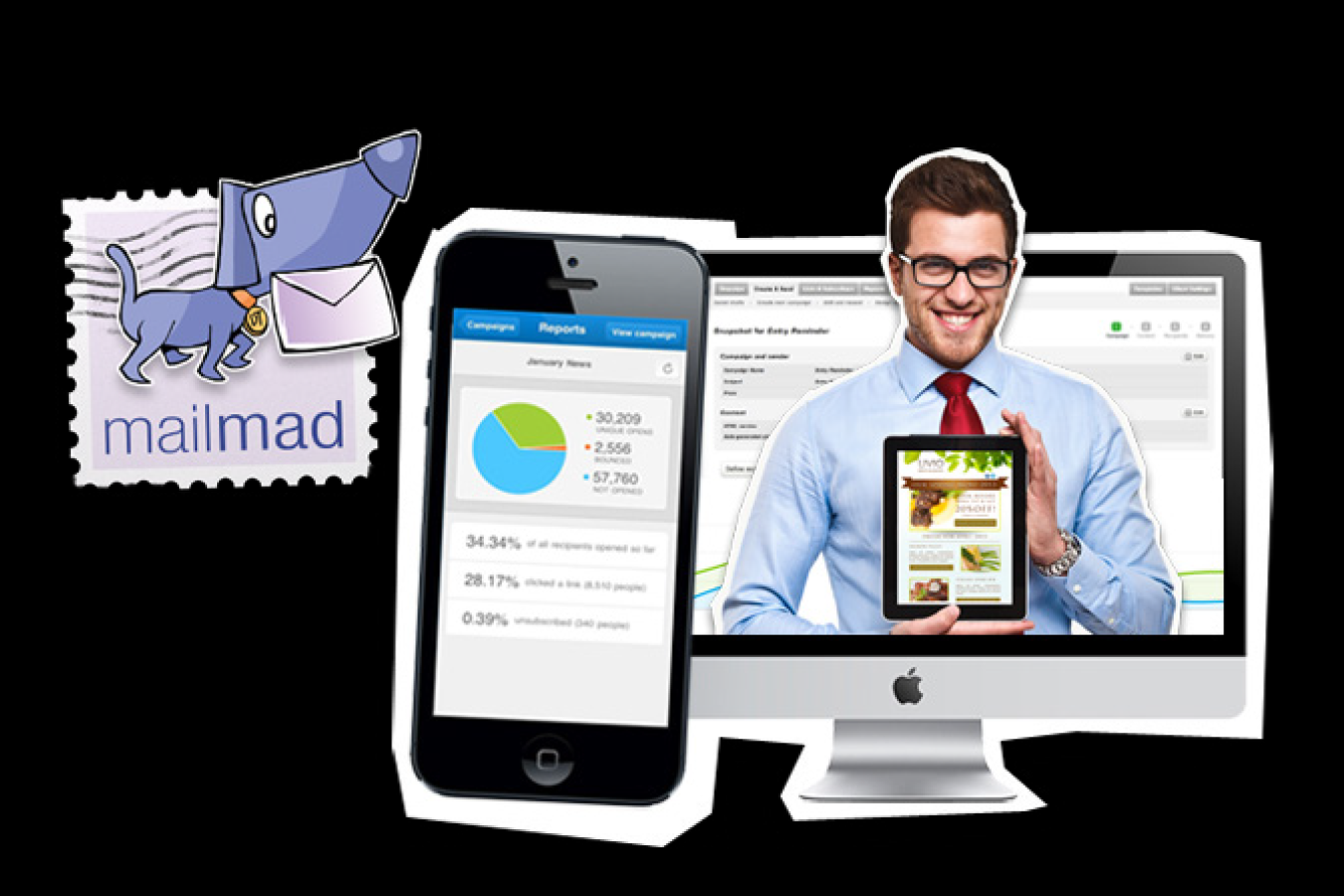 A man is holding a tablet in front of a mailmad stamp