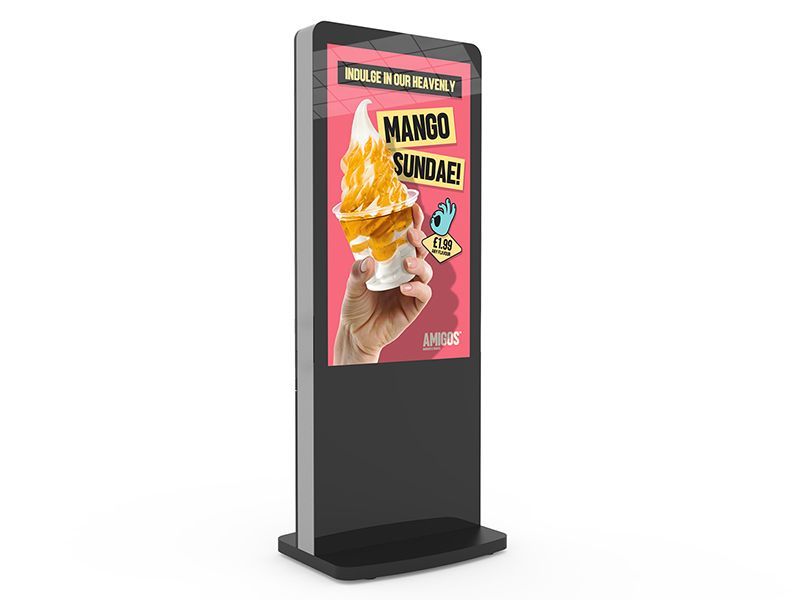 A person is holding a mango ice cream cone on a sign.
