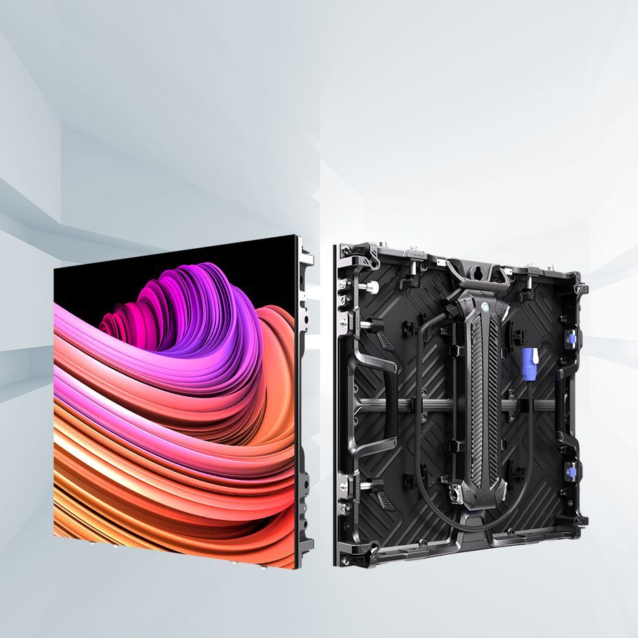 LED display panel, front and back views. Showing colorful abstract display on the front and structural components on the back.