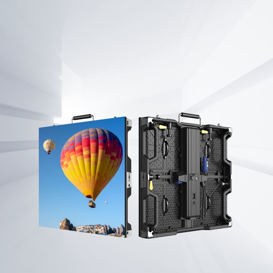 Two LED video panels, one displaying hot air balloons, the other showing the back with handles and structural elements.