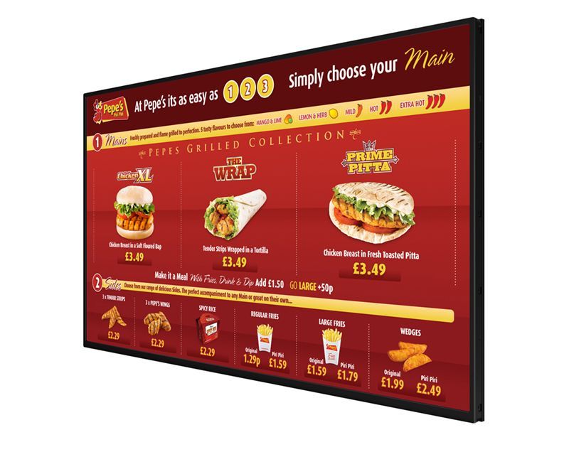 A large screen with a menu on it that says simply choose your main