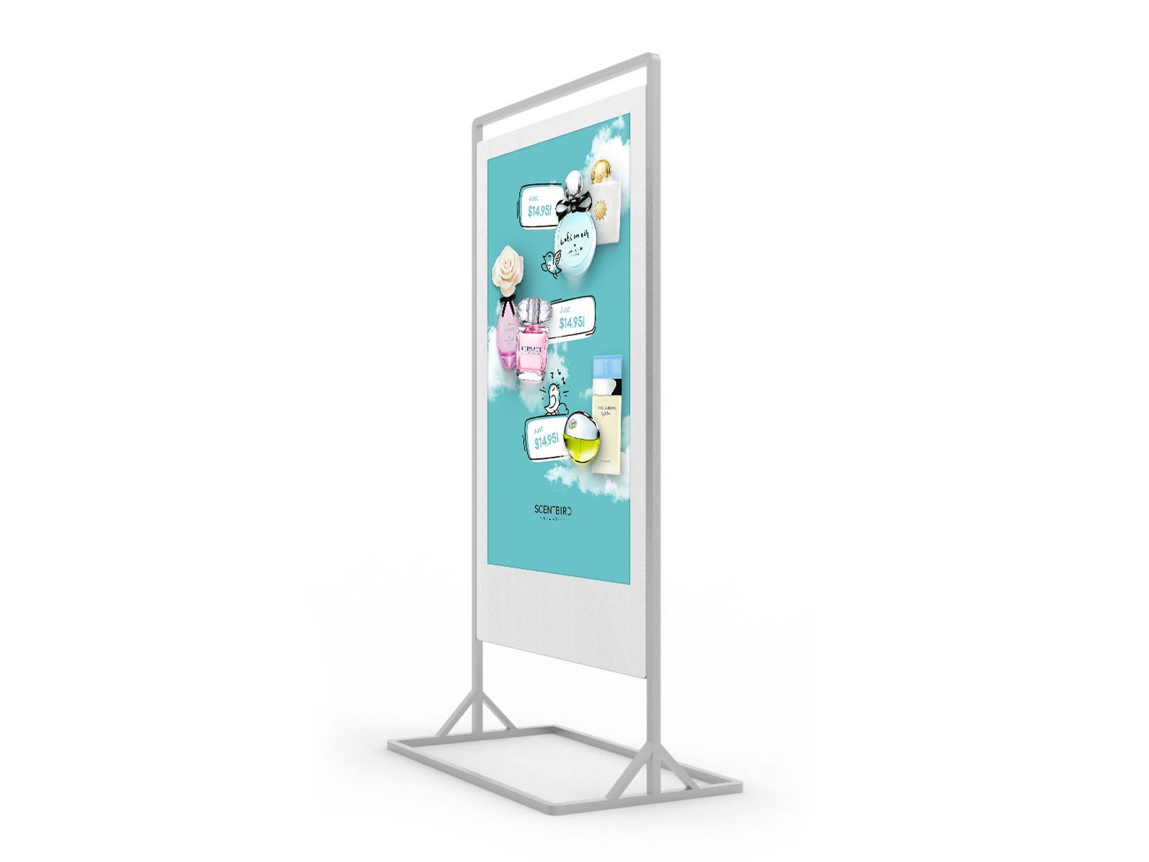A large screen is sitting on a stand on a white background.
