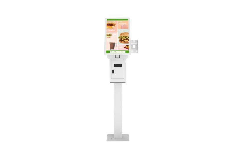 A kiosk with a picture of a hamburger on it.