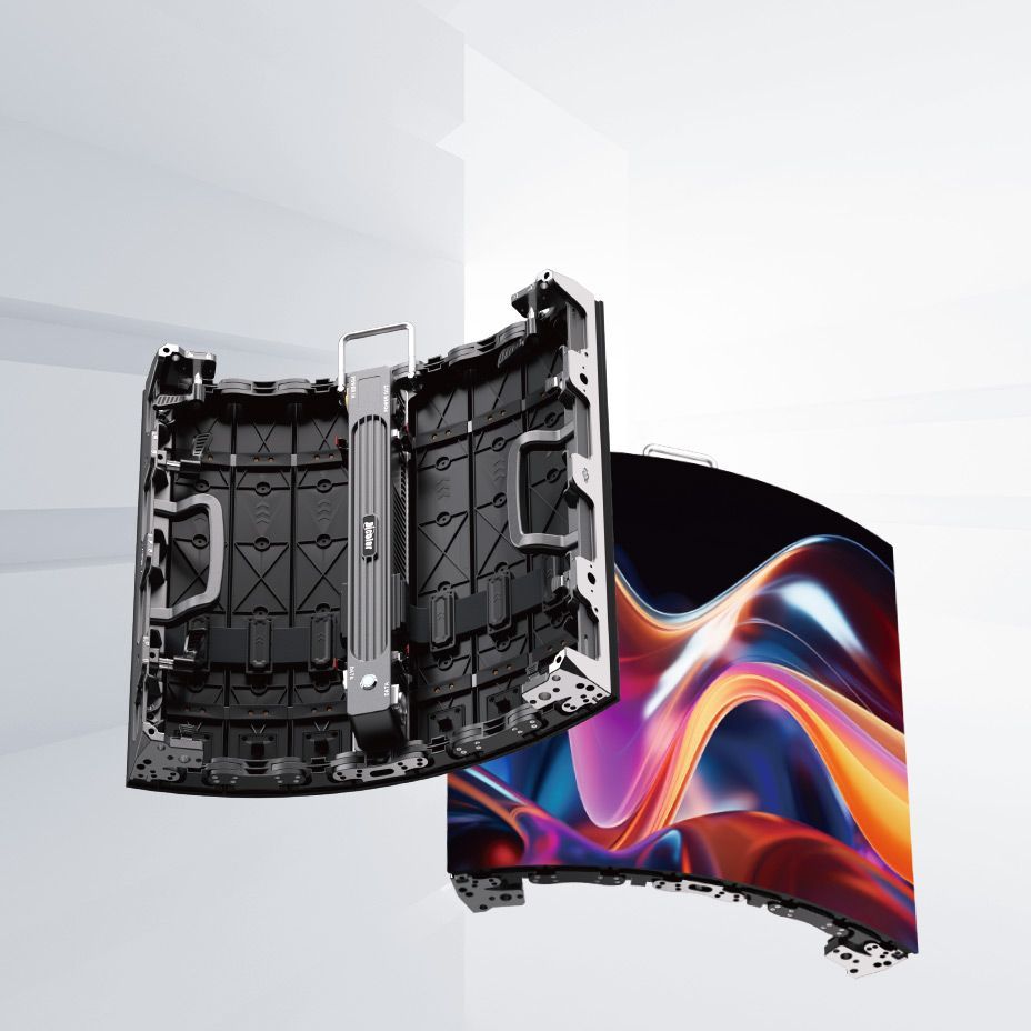 Curved LED display panel with interior and exterior views, showing colorful graphics.