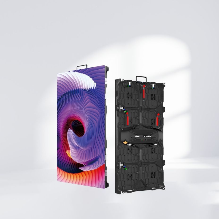 Two LED display panels, one displaying swirling colorful art, the other showing the back with ports and handles.