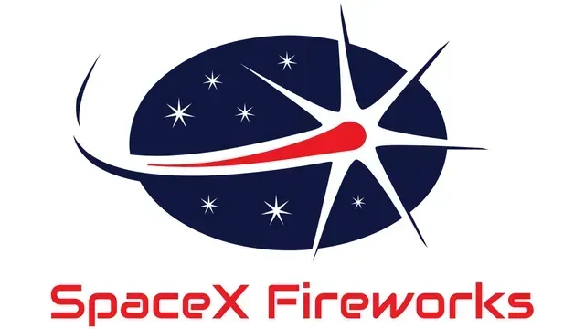 Logo for SpaceX Fireworks: A red, starburst-like comet streaks across a dark blue oval containing white star icons.