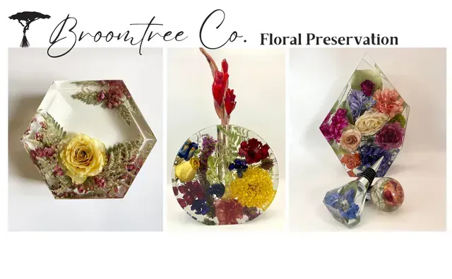 Three resin floral preservation pieces by Broomtree Co., featuring a hexagonal block, a circular stand, and a diamond block.