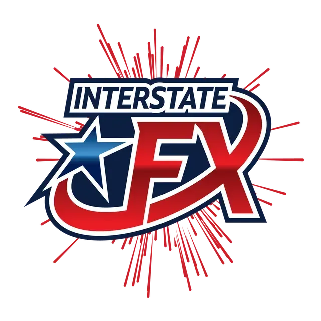 Logo for Interstate FX featuring stylized red letters and a blue star on a white background with red radiating lines.