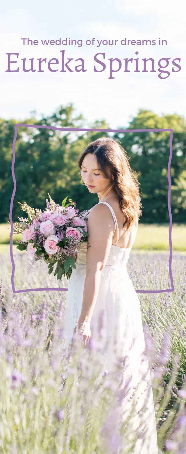 A bride holding a bouquet in a lavender field with text reading
