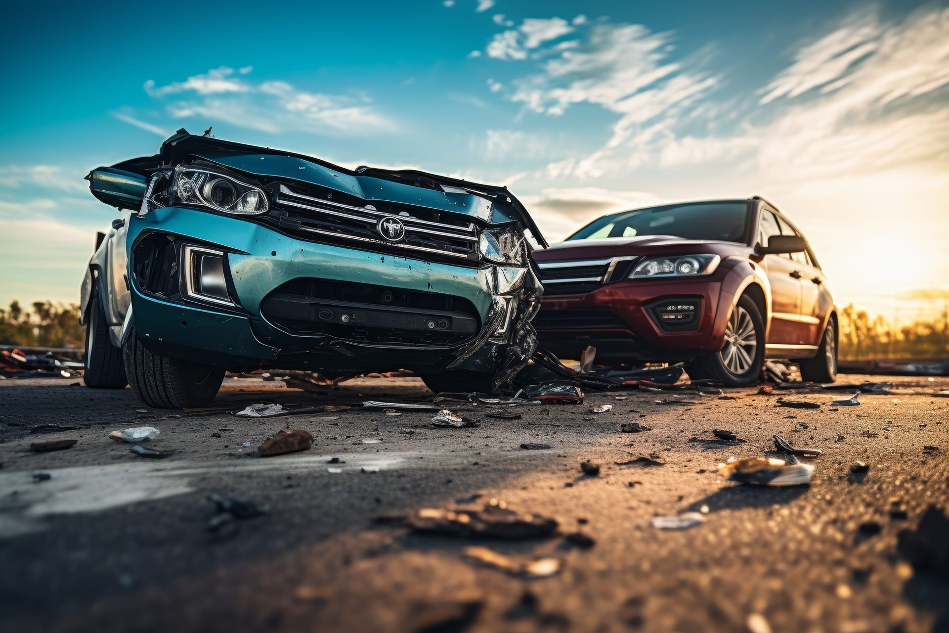 Two damaged cars after a collision on a dusty roadside at sunset