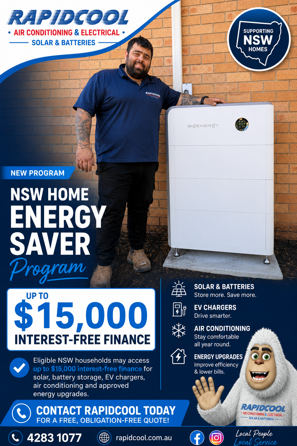 Man Beside White Heat Pump With Nsw Home Energy Saver Program Ad โ Rapidcool Air Conditioning, Electrical & Solar in Dapto, NSW