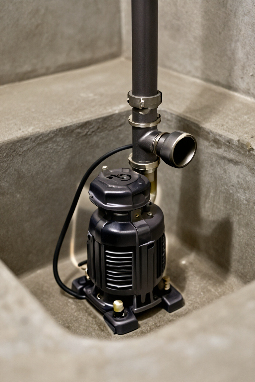 Sump pump and discharge pipe in a basement