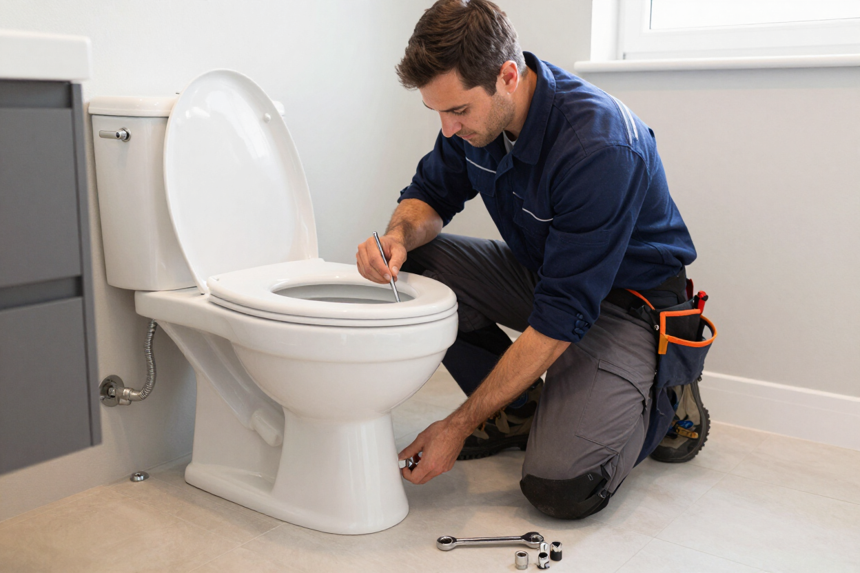 Plumber installing a new toilet in a bathroom