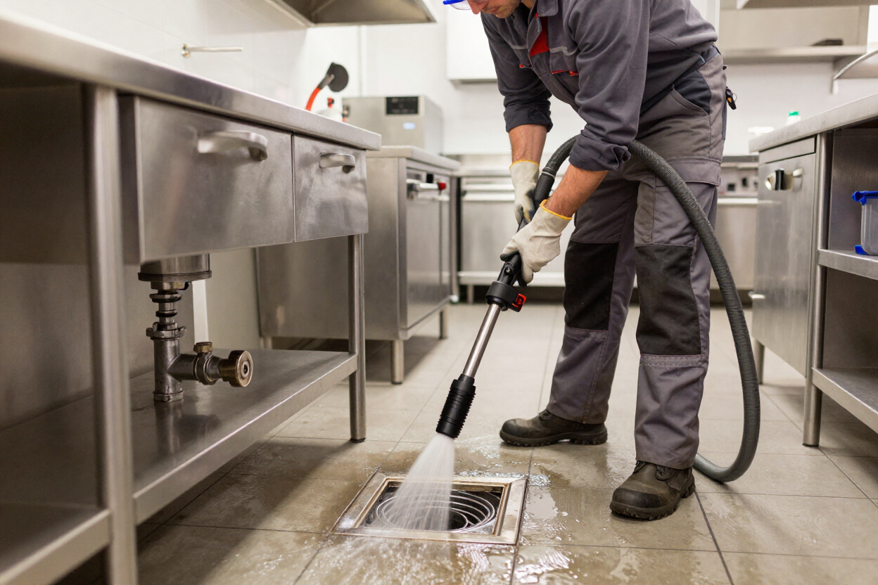 Plumber hydro jetting a commercial drain