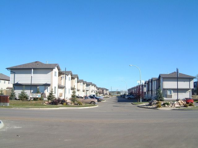 Residential street with rows of white houses under a clear blue sky