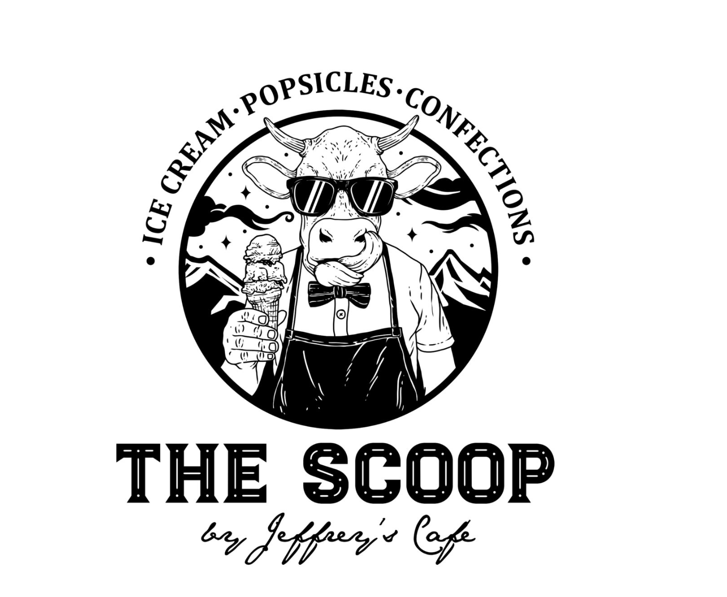 A black and white logo for the scoop by jeffrey 's cafe.