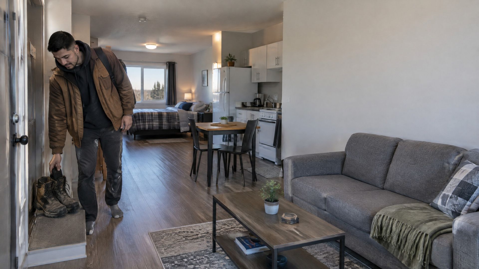 Man bending near a dog in a bright apartment living room with a gray sofa and coffee table.