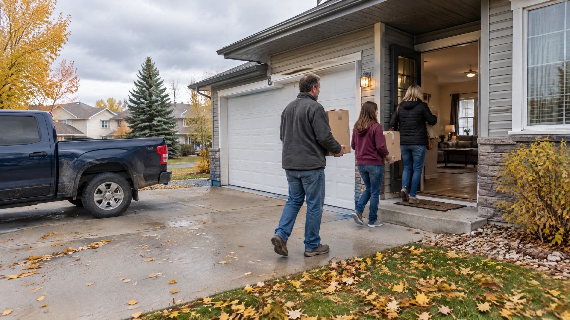 People walking toward a garage entrance beside a black pickup truck on a leaf-covered driveway