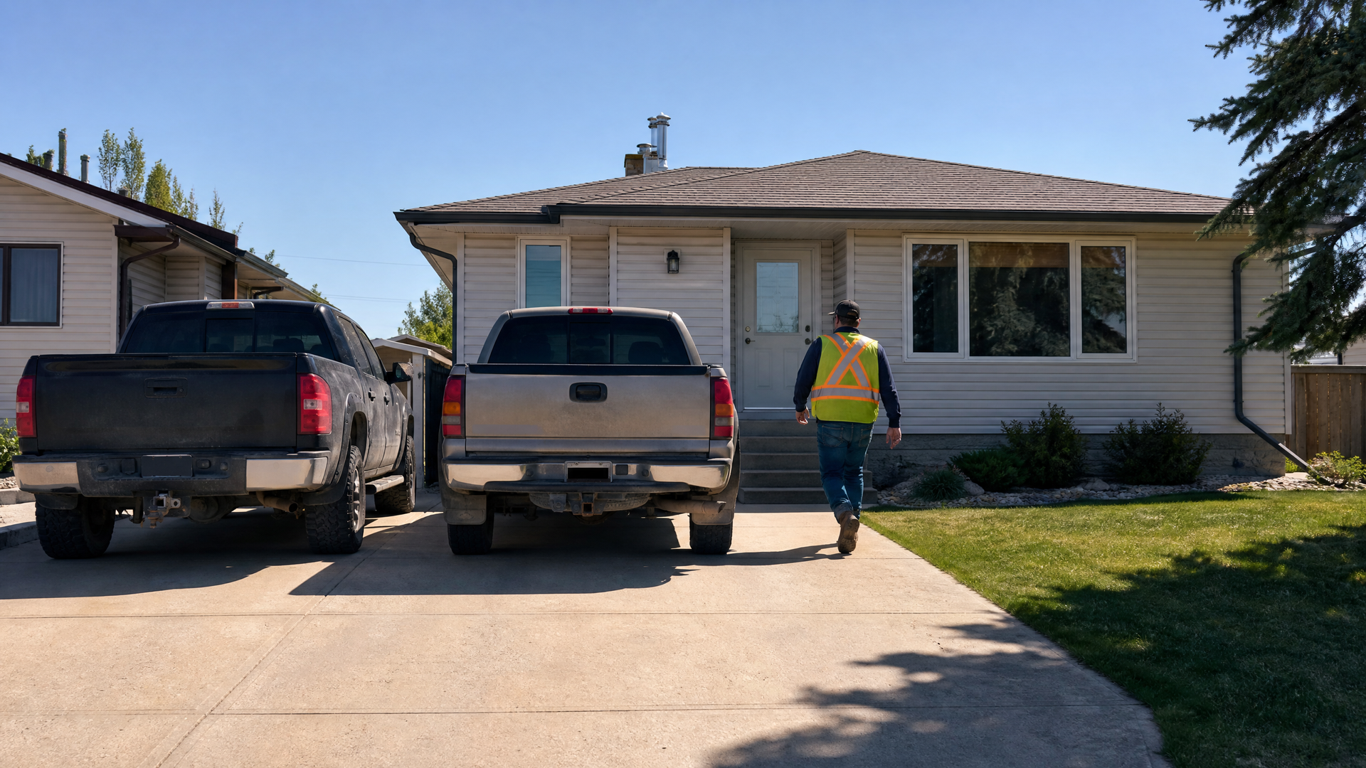 Worker in safety vest walking toward a single-story house with two parked trucks in the driveway.