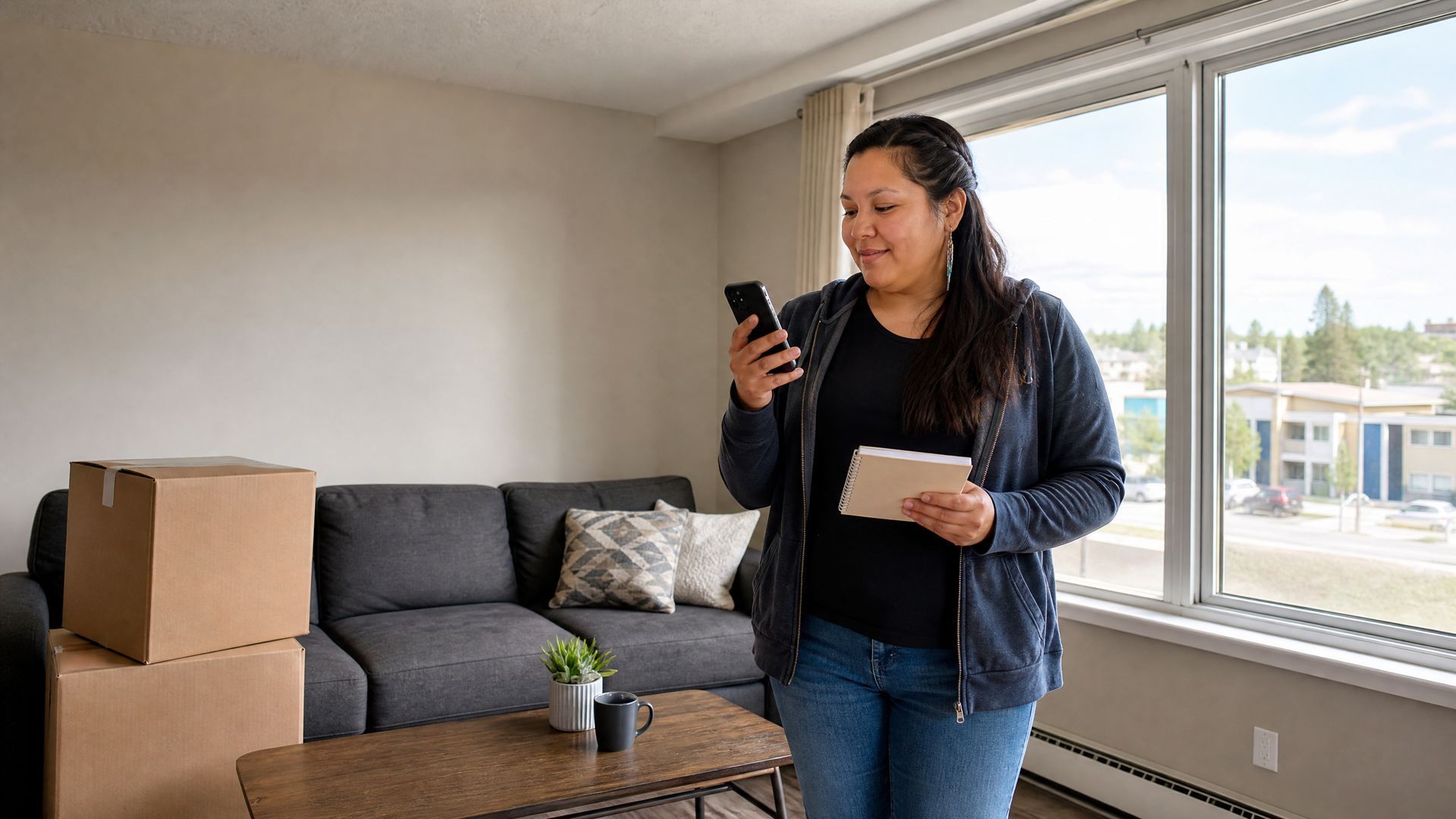 Woman holding a phone and notes in a bright apartment living room with moving boxes and a sofa.
