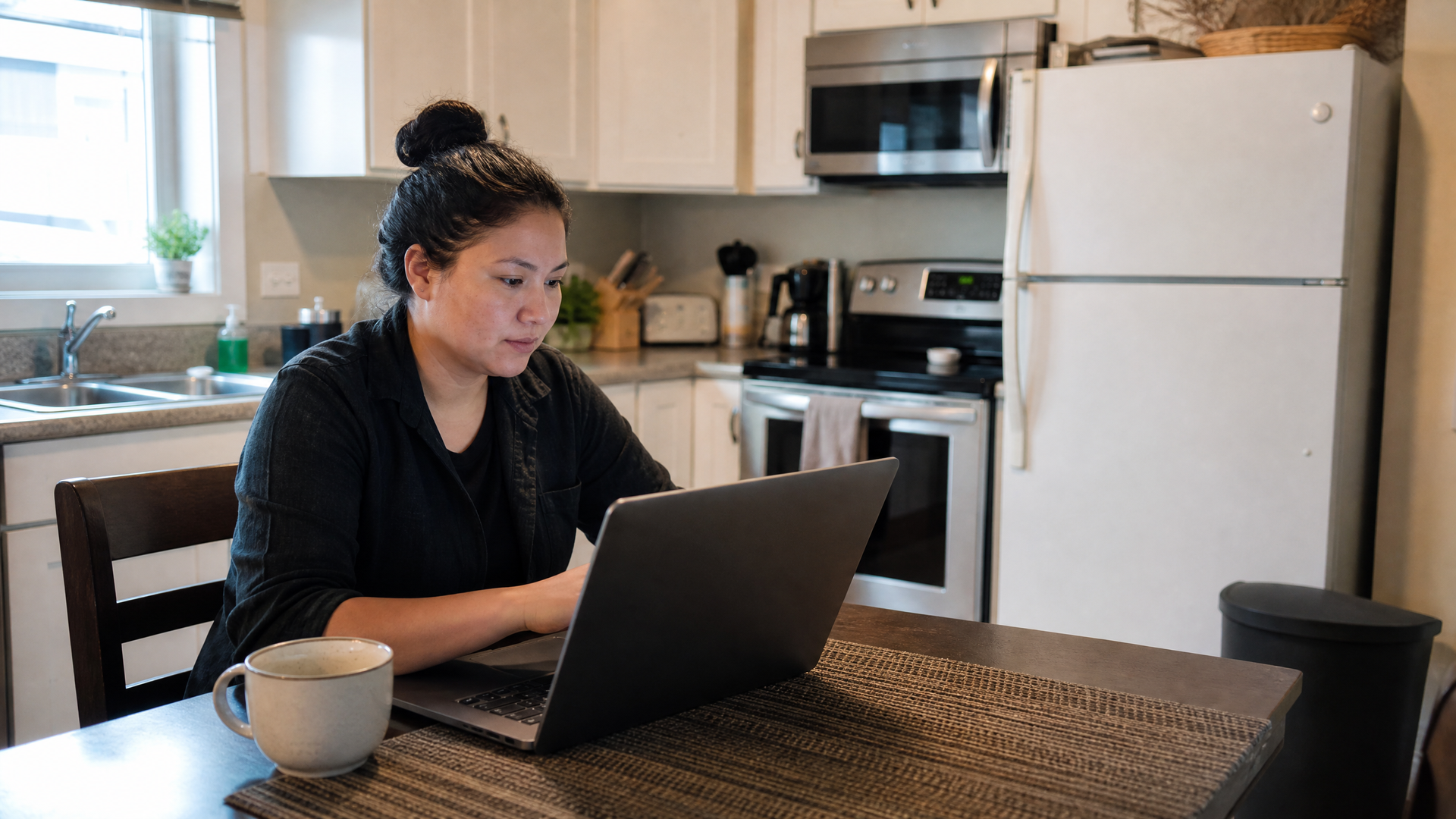 Person working on a laptop at a kitchen table with a mug nearby