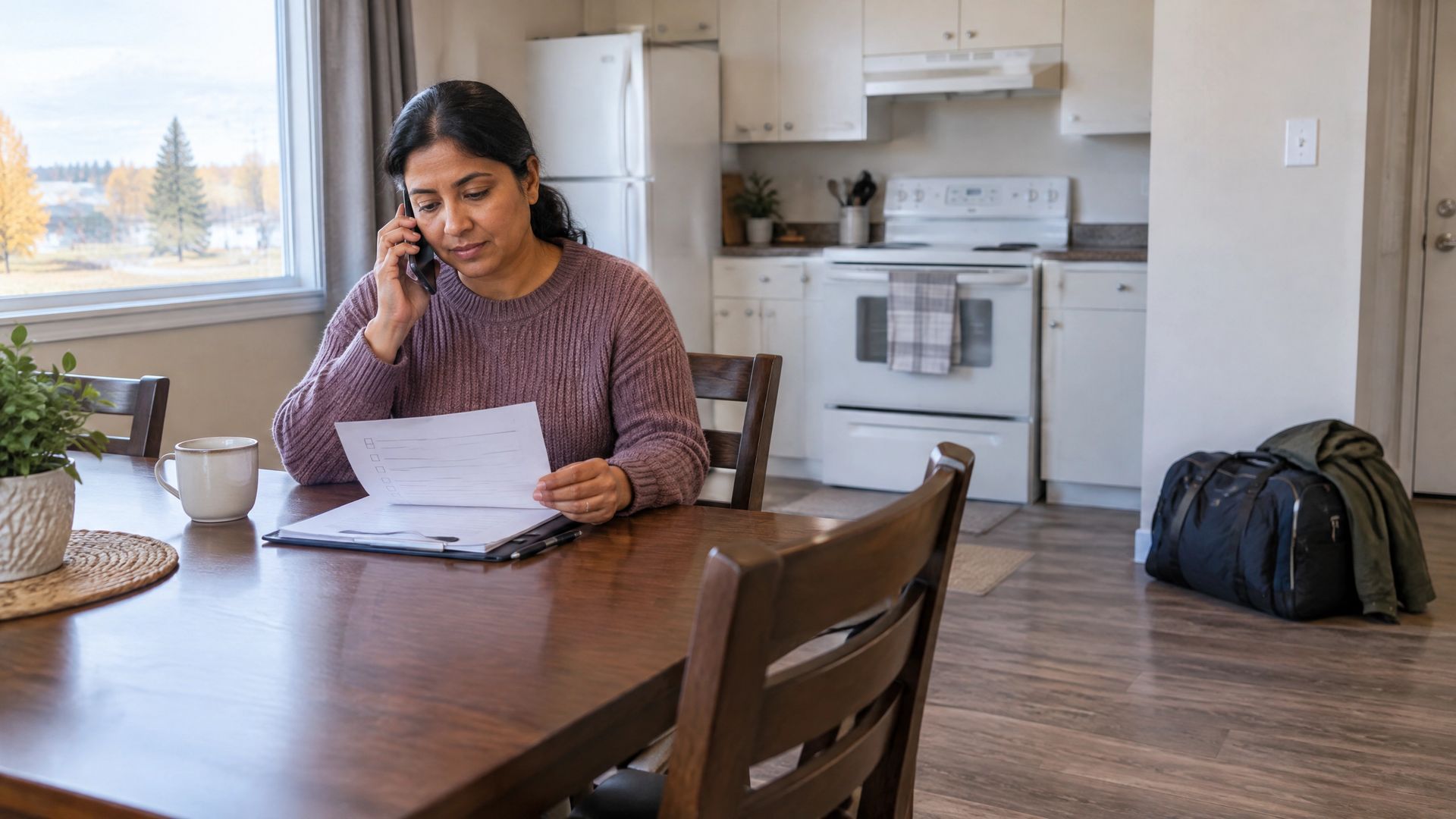 Person on a phone at a kitchen table reviewing papers, with a backpack on the floor nearby.
