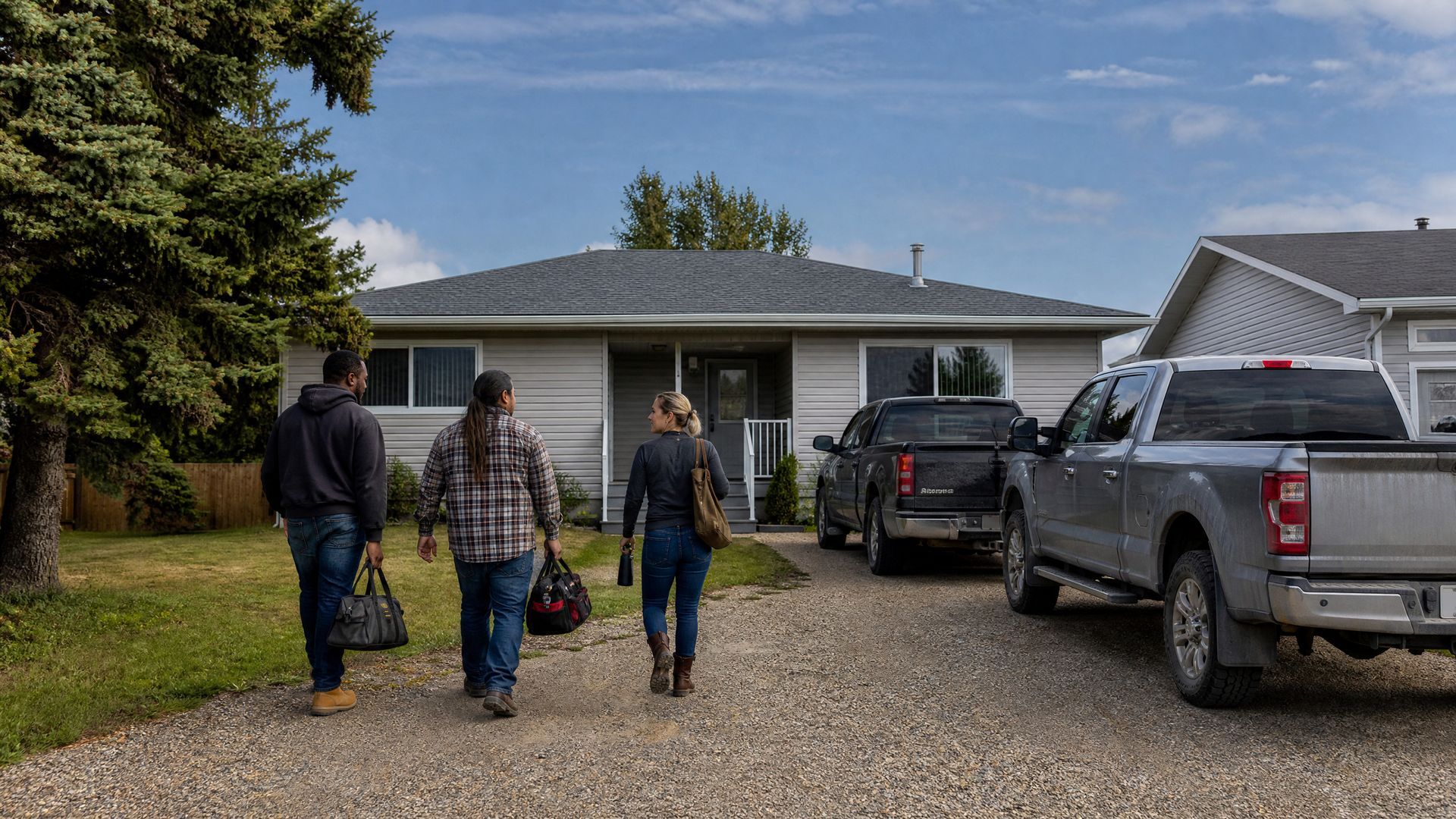 Three people walking up a gravel driveway toward a small house with parked pickup trucks.