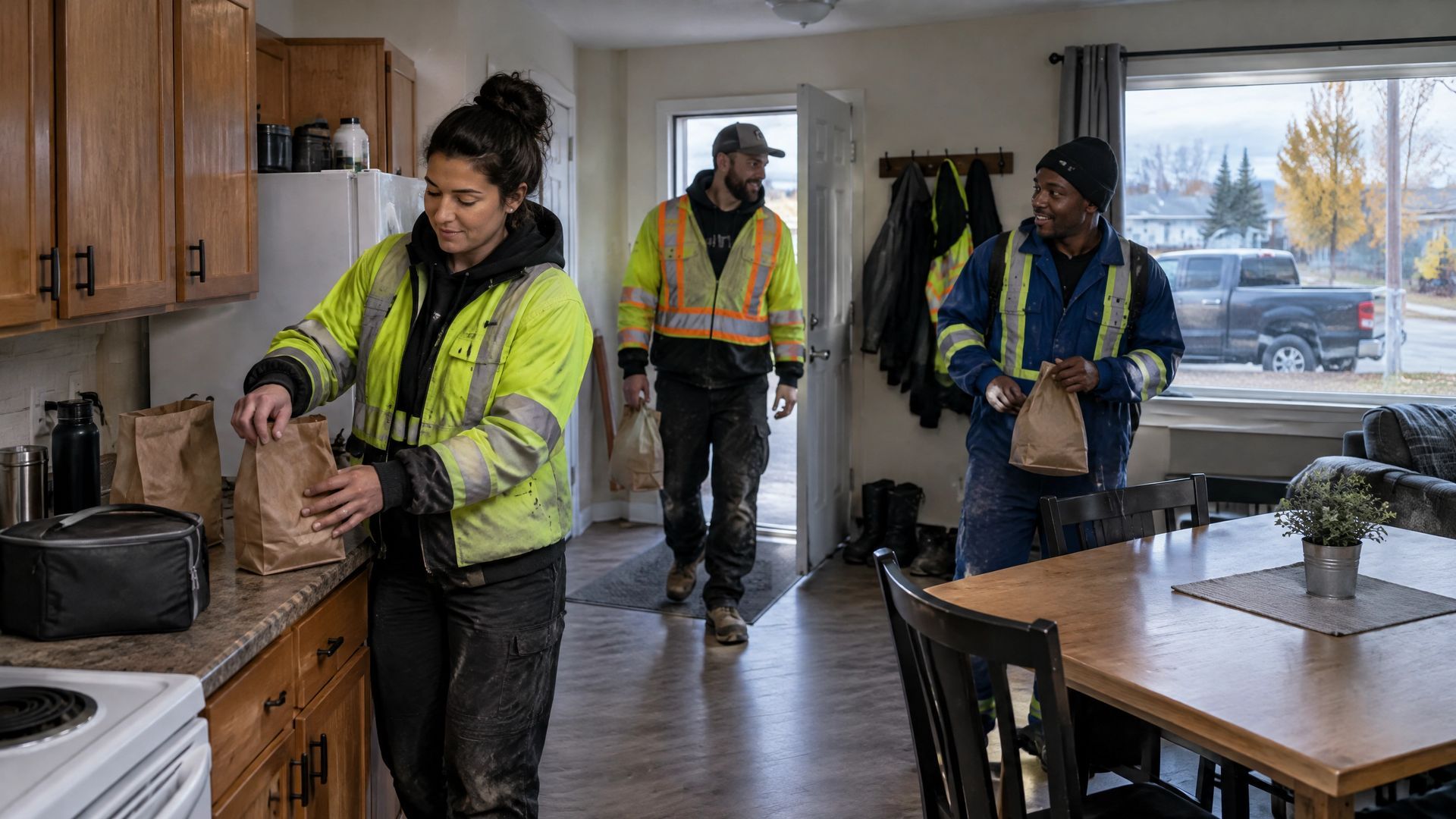 Workers in high-visibility vests in a kitchen, one at the counter and two near the doorway.