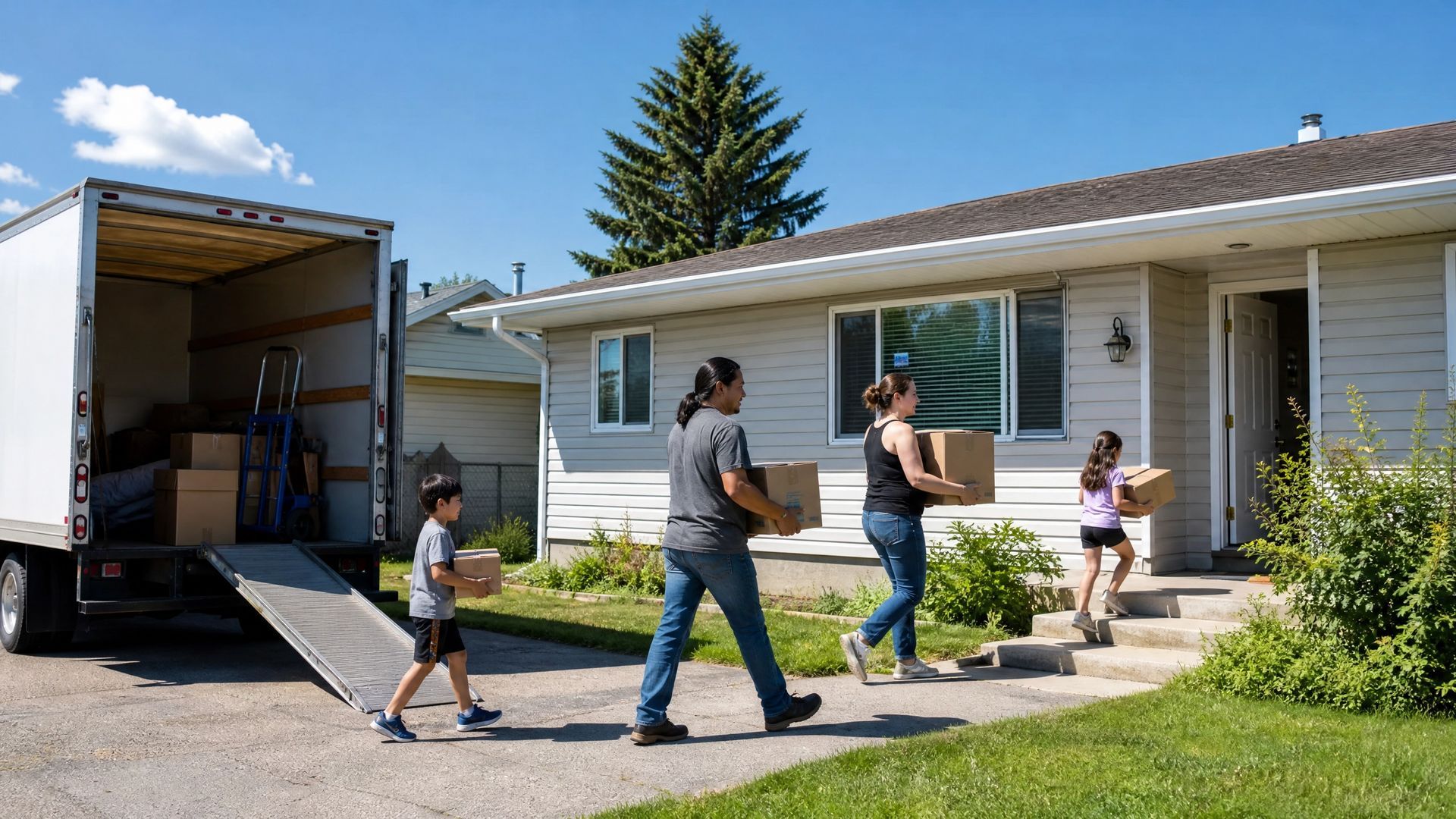 Family carries boxes from moving truck into a suburban house on a sunny day.