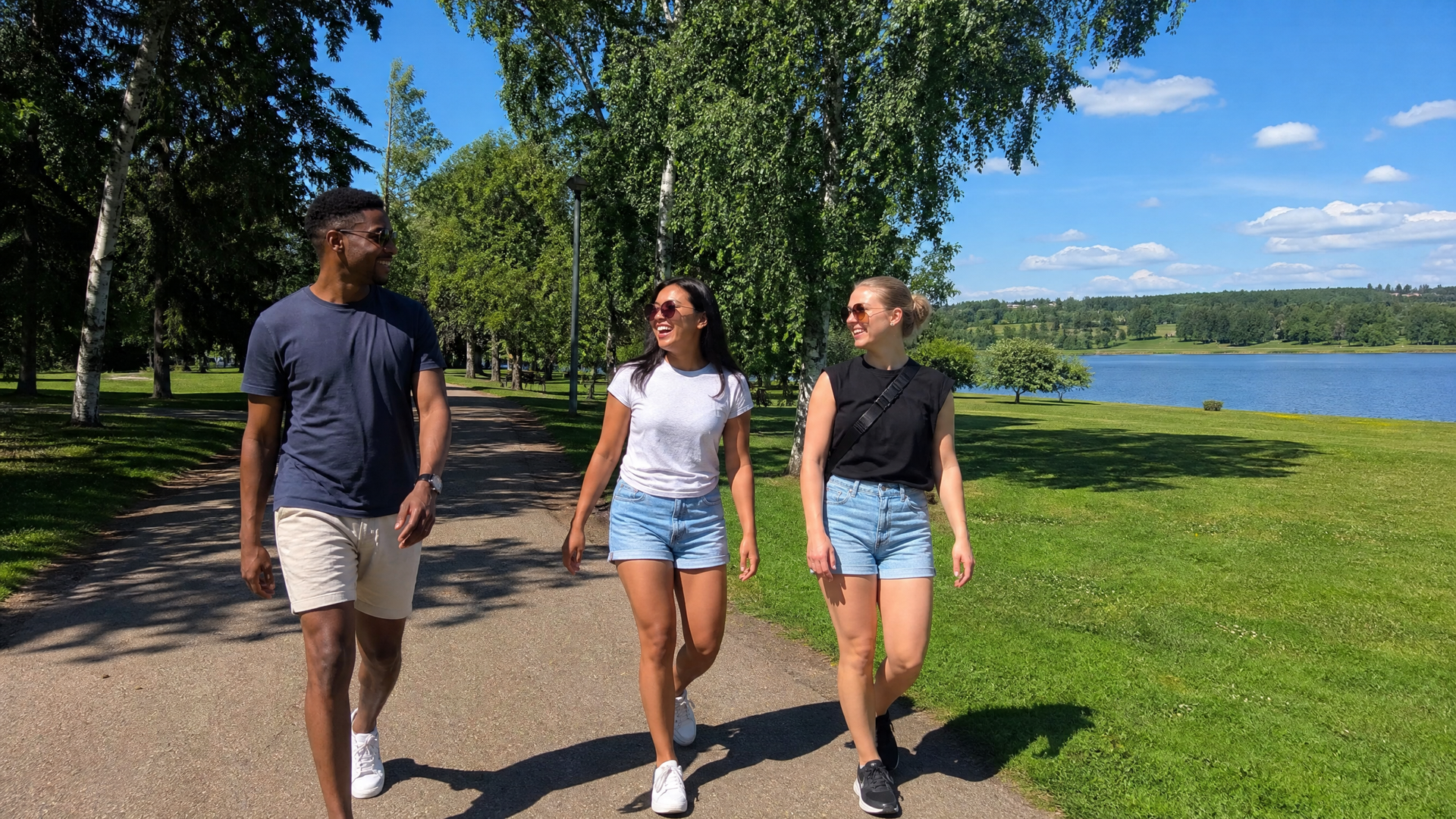 Three people walking on a sunny park path beside a lake, with trees and green grass.