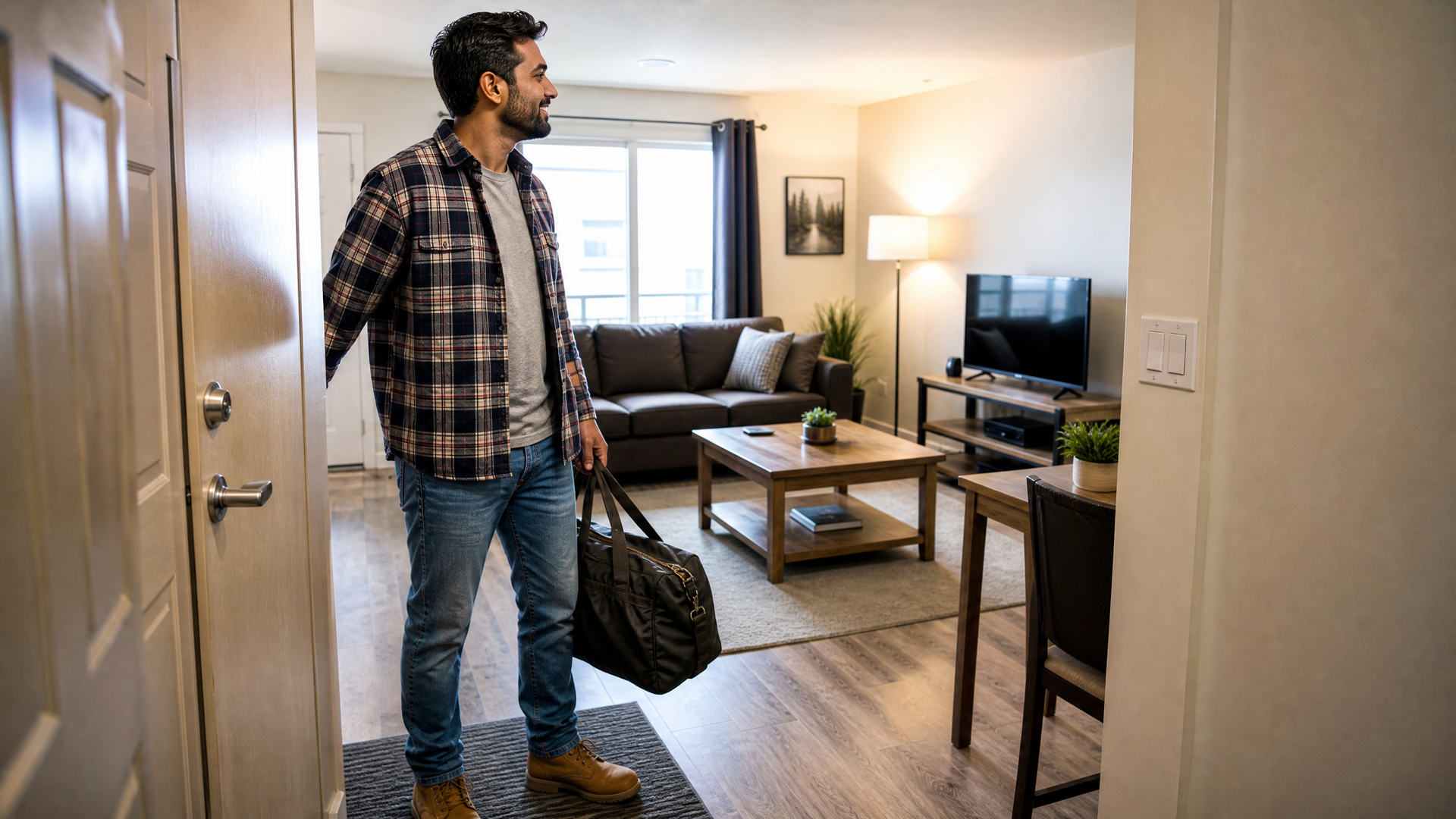 Man carrying a duffel bag stands in a bright apartment living room near the doorway.