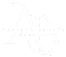 White logo with stylized AB monogram and the text “Ageless Beauty” and “Esthetics” underneath