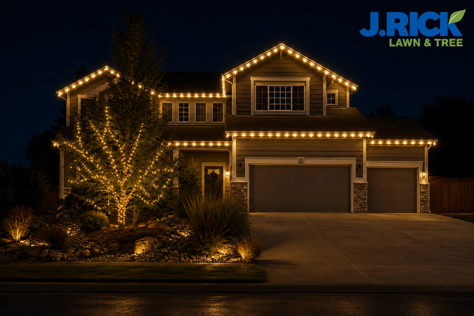 House outlined with warm white Christmas lights at night, with lit landscaping and driveway visible.