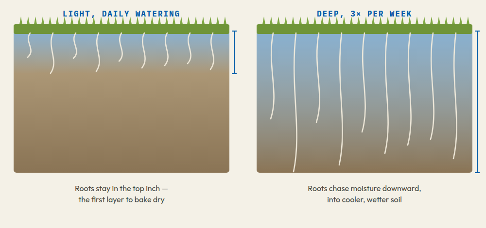 Light daily watering keeps grass roots in the top inch of soil, while deep watering three times a week drives roots down into cooler, wetter soil. 