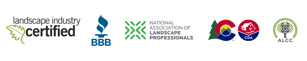 A row of certification and membership logos on a white background, including Landscape Industry Certified and BBB.