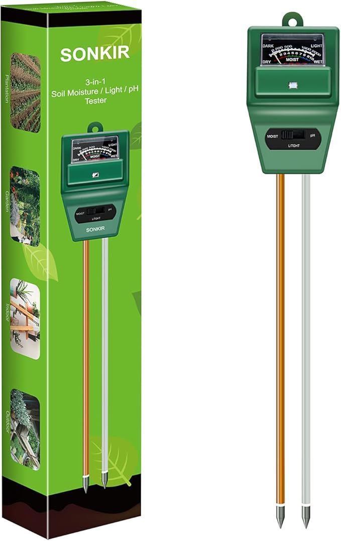 Green Sonic irrigation timer kit box and device with two metal probe stakes.