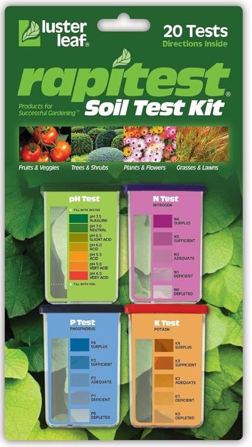 Rapitest soil test kit package with four colored test cards on a green leaf background