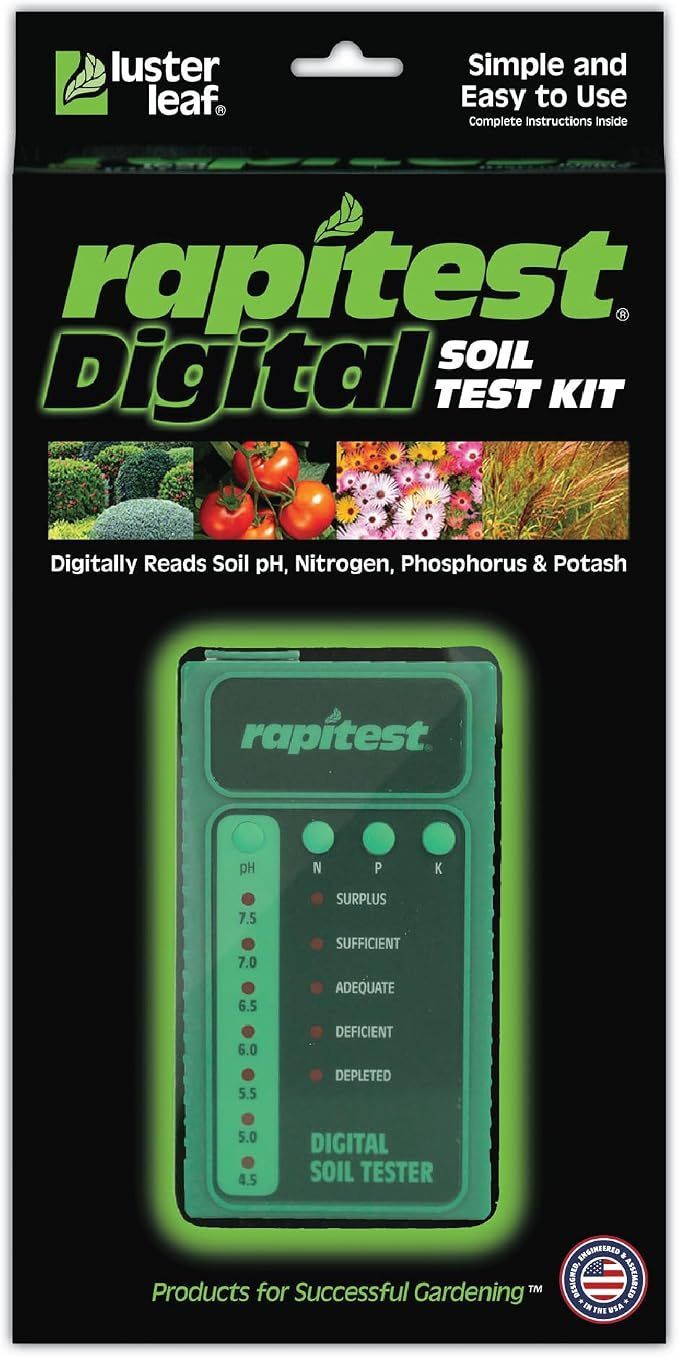 Rapitest Digital soil test kit package in black and green, with test panel pictured on front