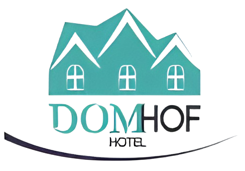 Logotipo do Hotel Domhof: ilustração em tons de verde-azulado de um edifício, texto 