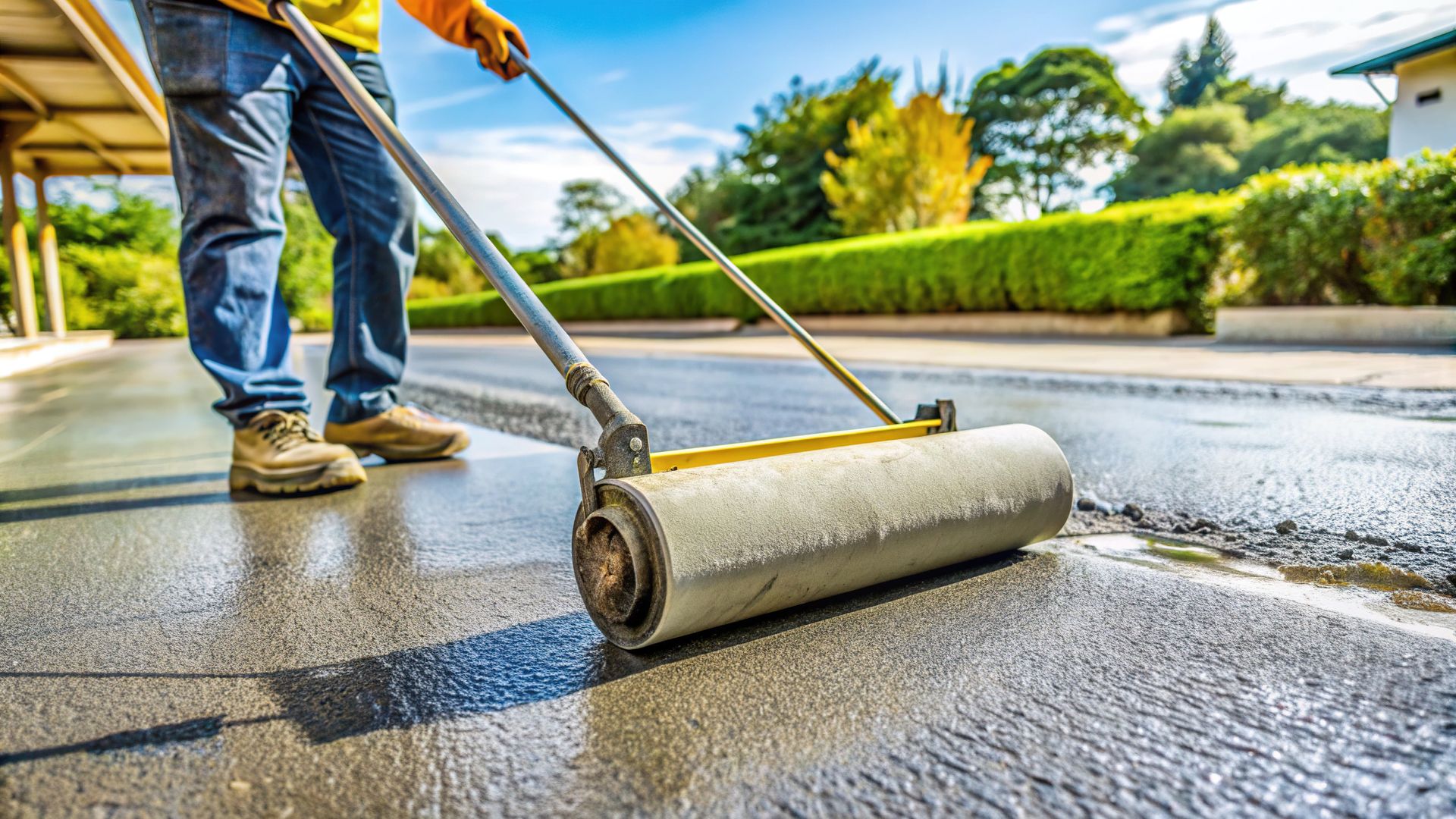 A man is using a roller to paint a driveway.